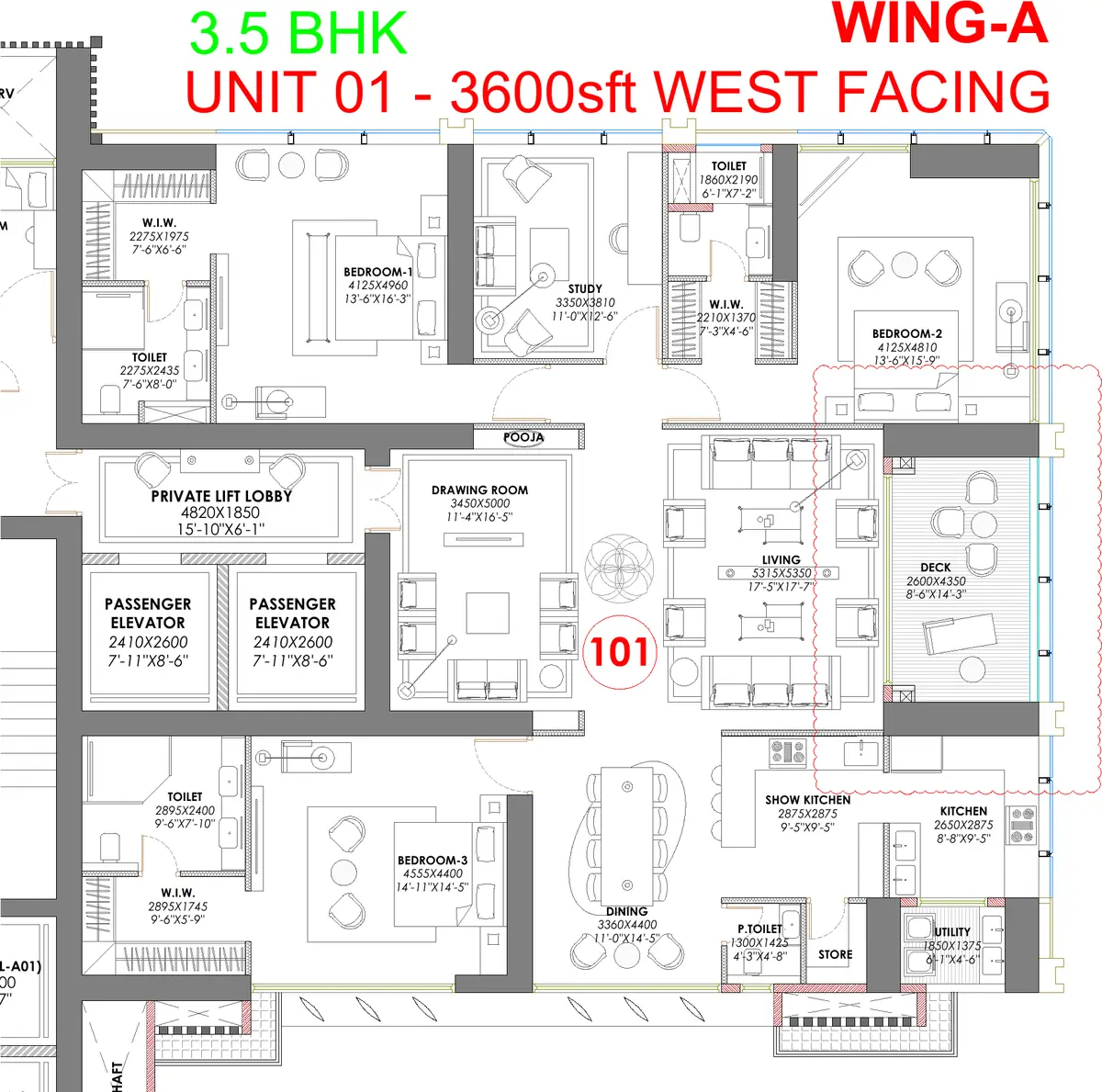 3.5 BHK floor plan of 3,600 sq. ft. at Trump Towers Hyderabad