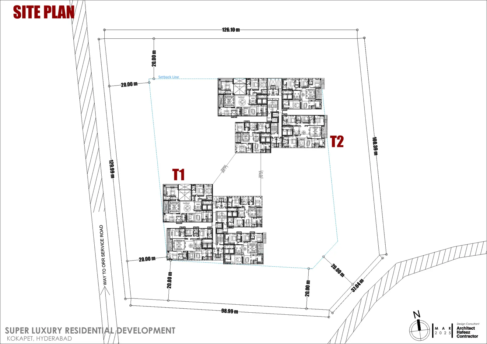Site plan showing two tower footprints, plot boundary dimensions and 20 m setbacks