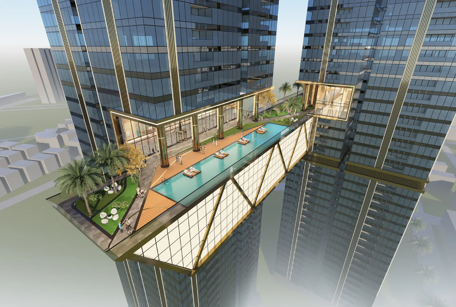 Infinity edge pool and landscaped deck on the sky bridge between the towers