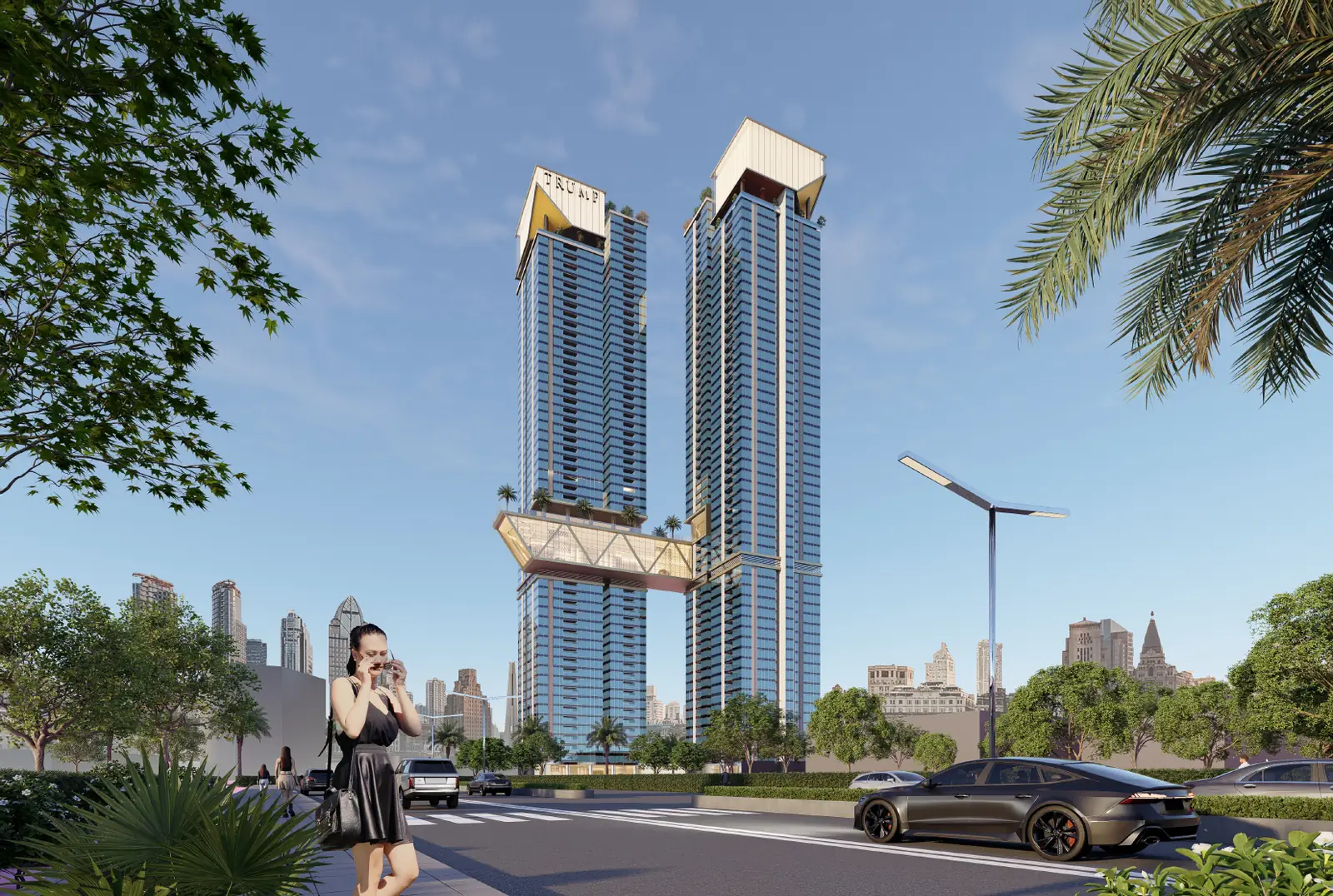 Twin towers of Trump Towers Hyderabad seen from Golden Mile Road, with the sky bridge linking both towers