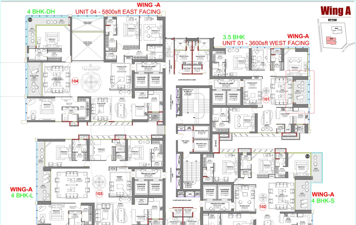 Typical floor plan showing four residences in Wing A around the private lift lobbies