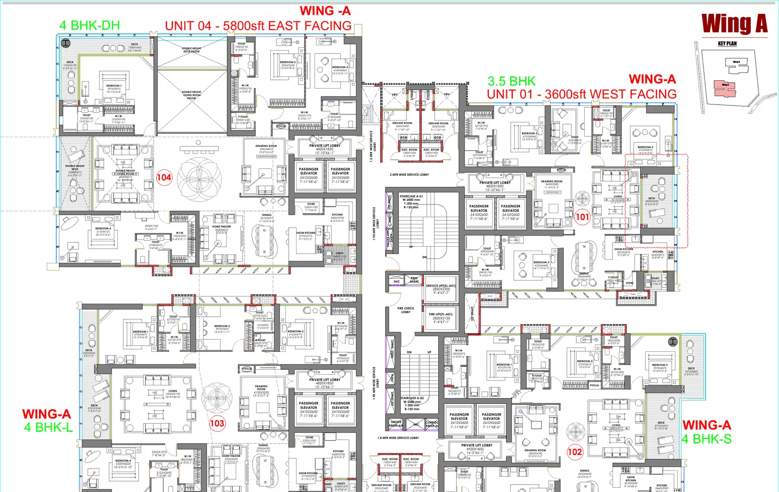 Typical floor plan for Wing A showing four residences around private lift lobbies